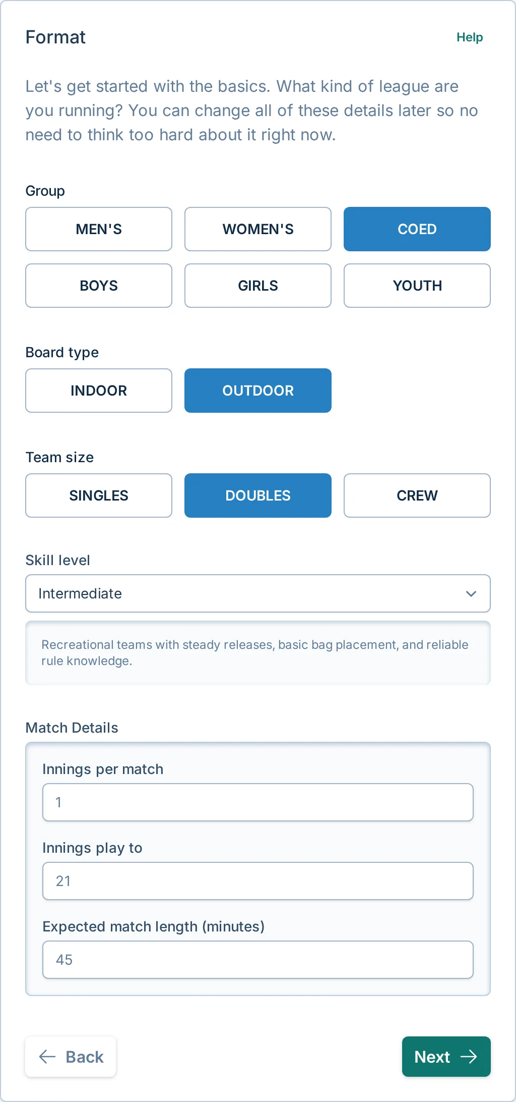 Create league format step in bagtoss.love, a cornhole league setup platform