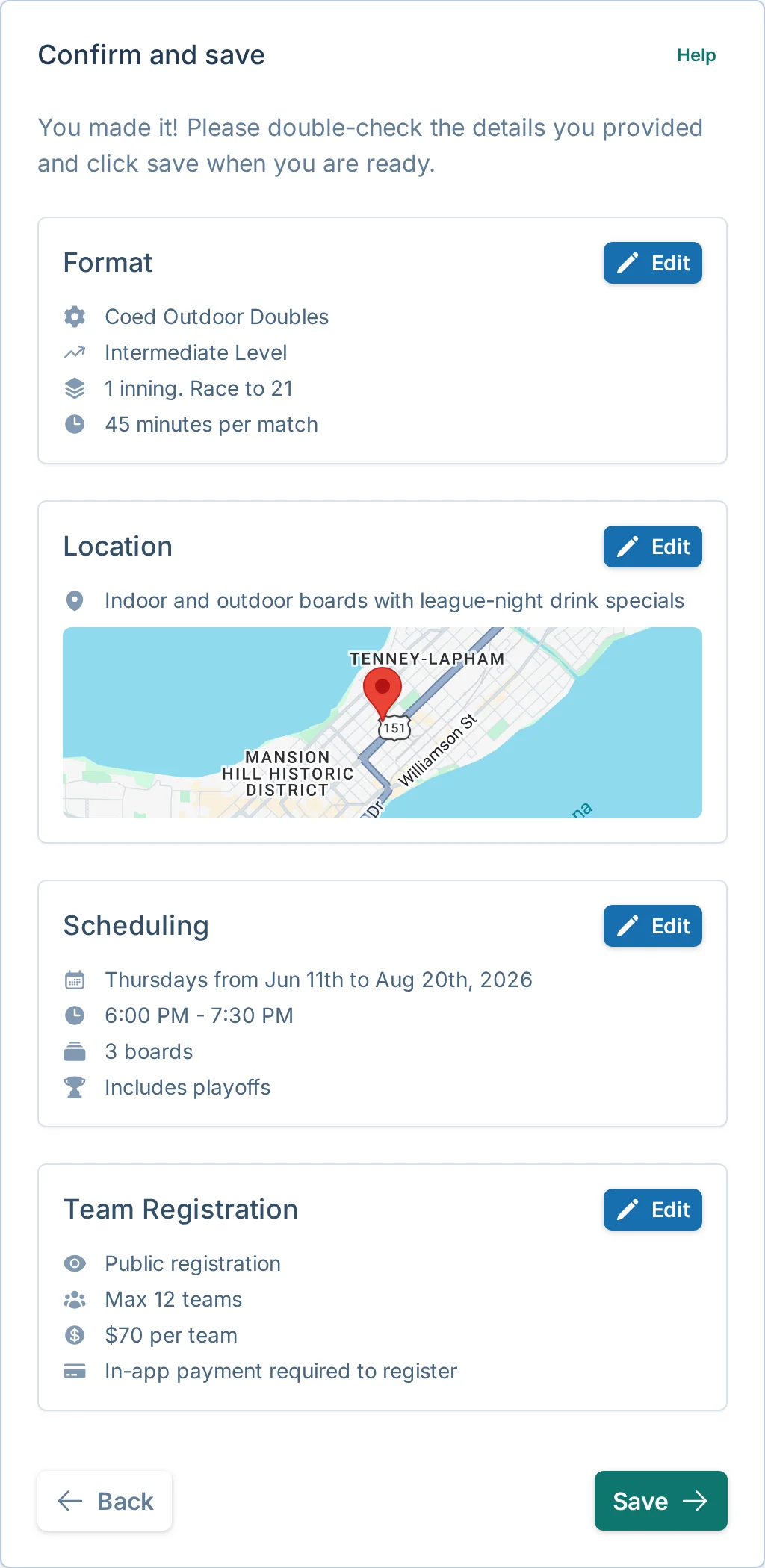 Create league review and save step in bagtoss.love, a cornhole league launch app