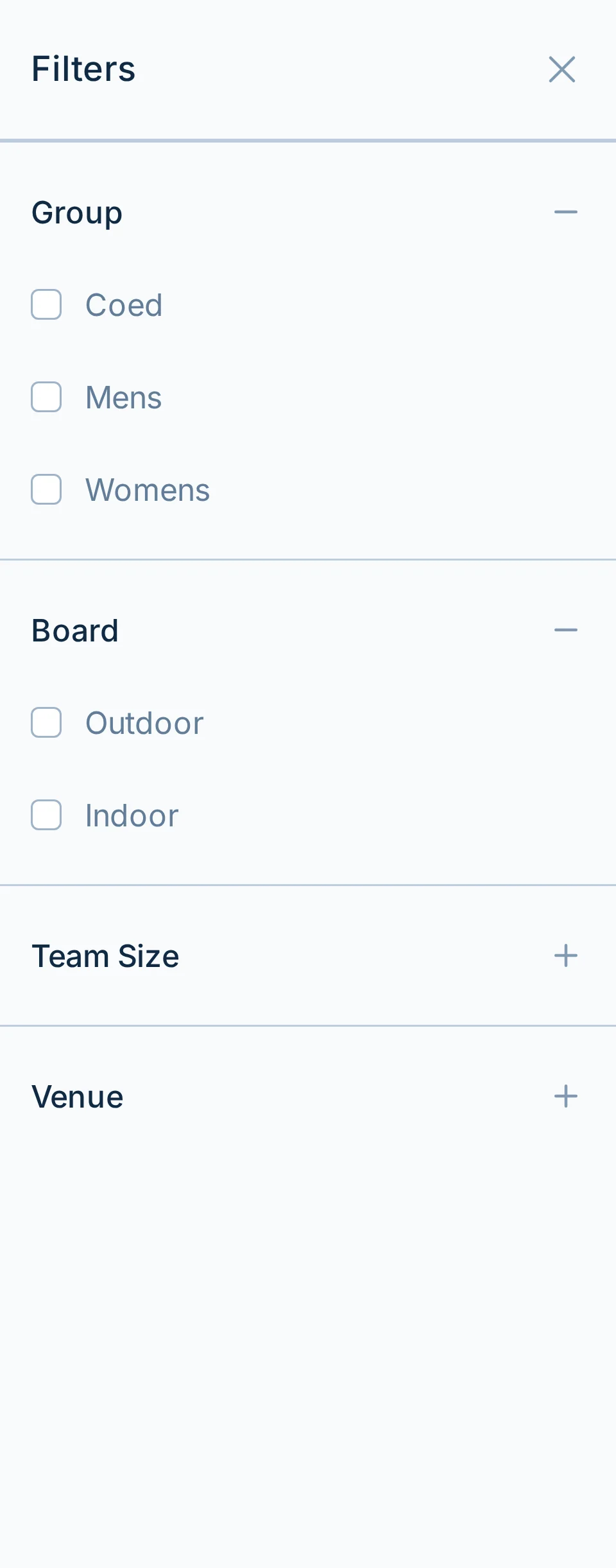 Mobile league finder filters in bagtoss.love, a cornhole league search page