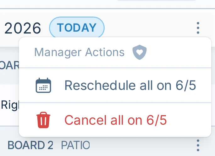 Mobile cancel all matches menu in bagtoss.love, a cornhole schedule management tool