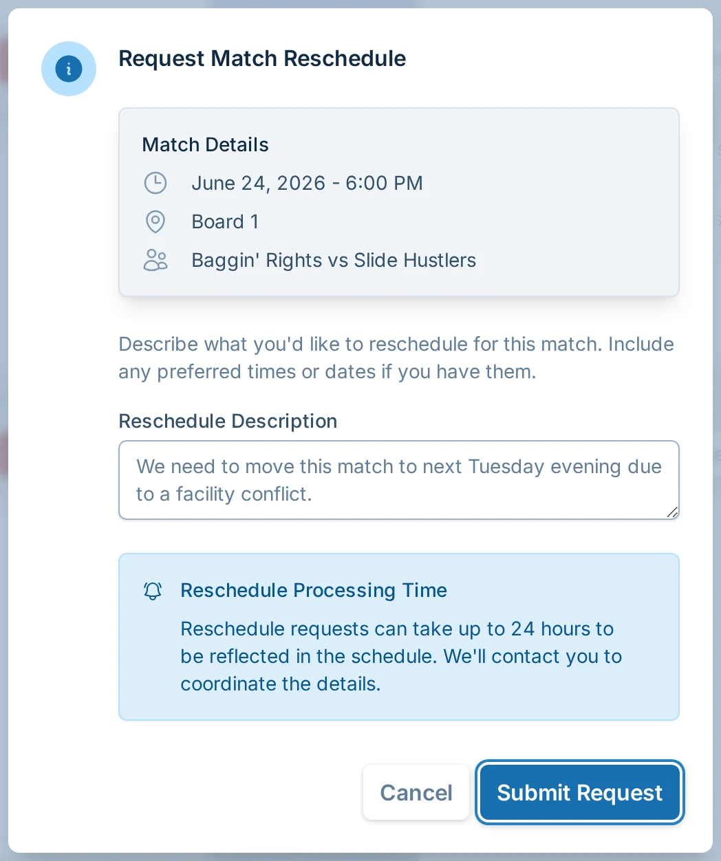 Request match reschedule dialog in bagtoss.love, a cornhole scheduling tool for league managers