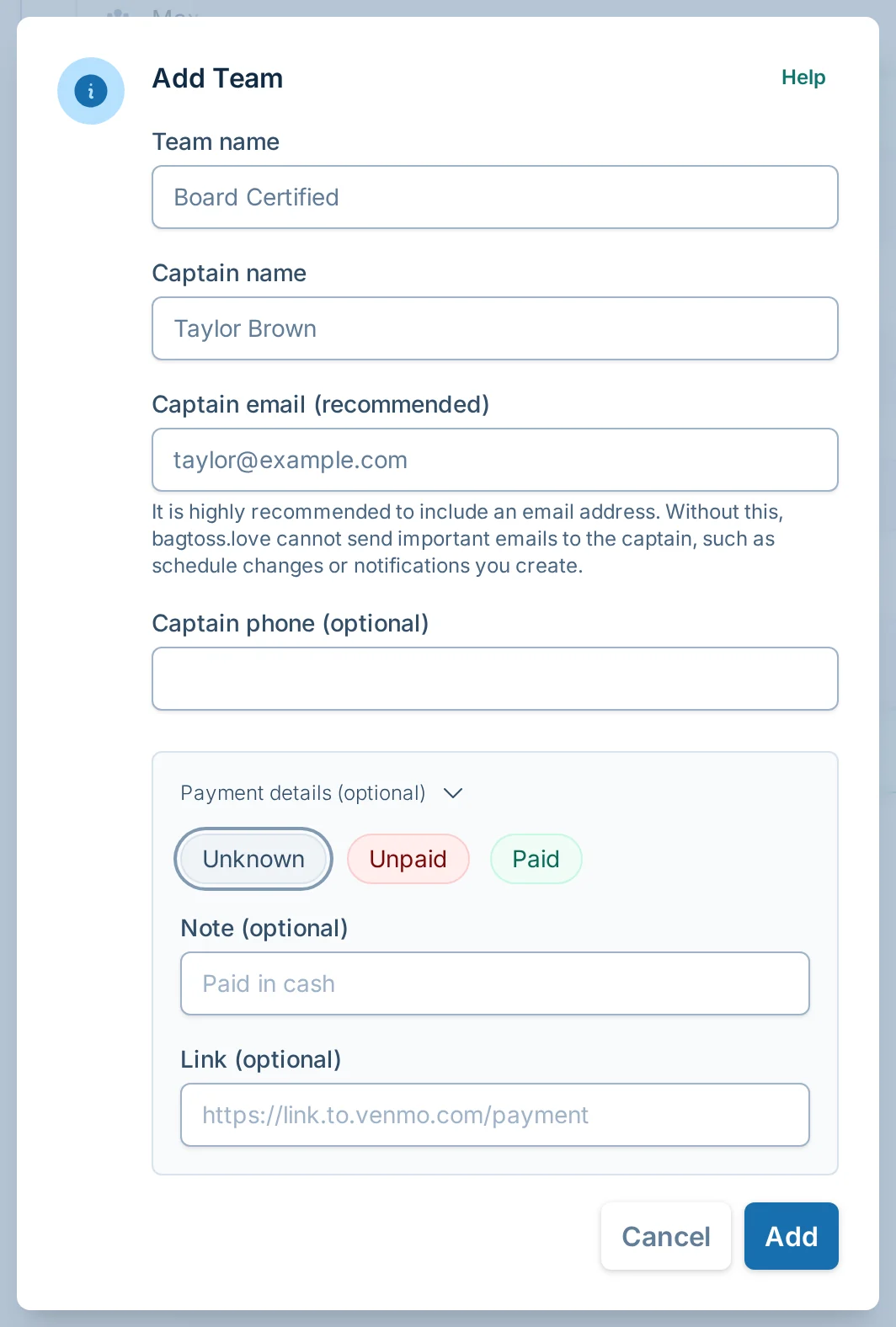 Add team dialog in bagtoss.love, a cornhole team signup platform