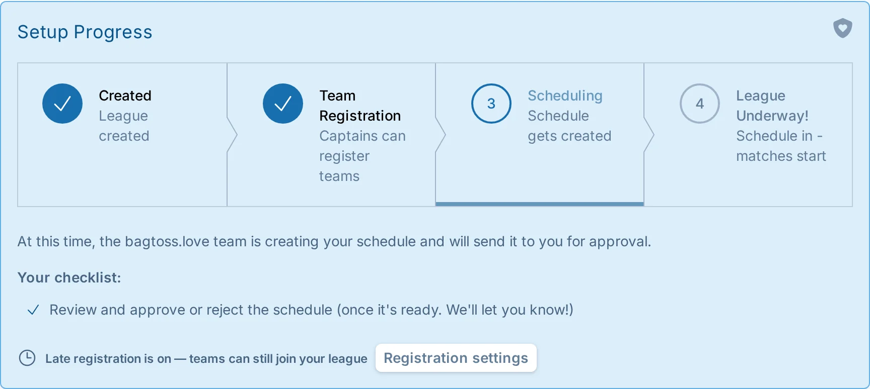 Late registration progress bar in bagtoss.love, a cornhole signup workflow app