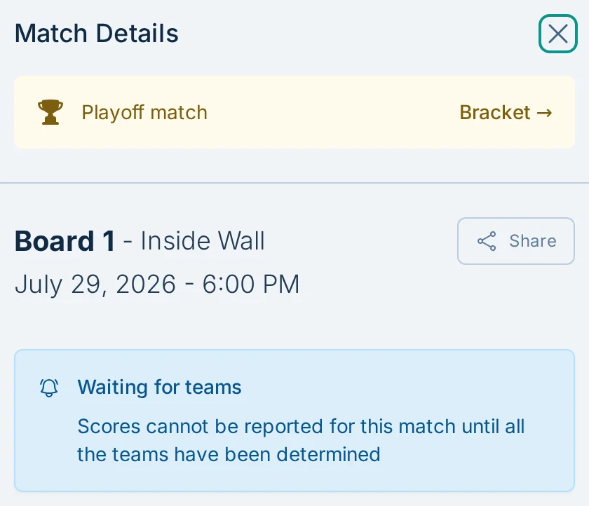 Playoff match details with a bracket link in bagtoss.love, a cornhole score reporting app